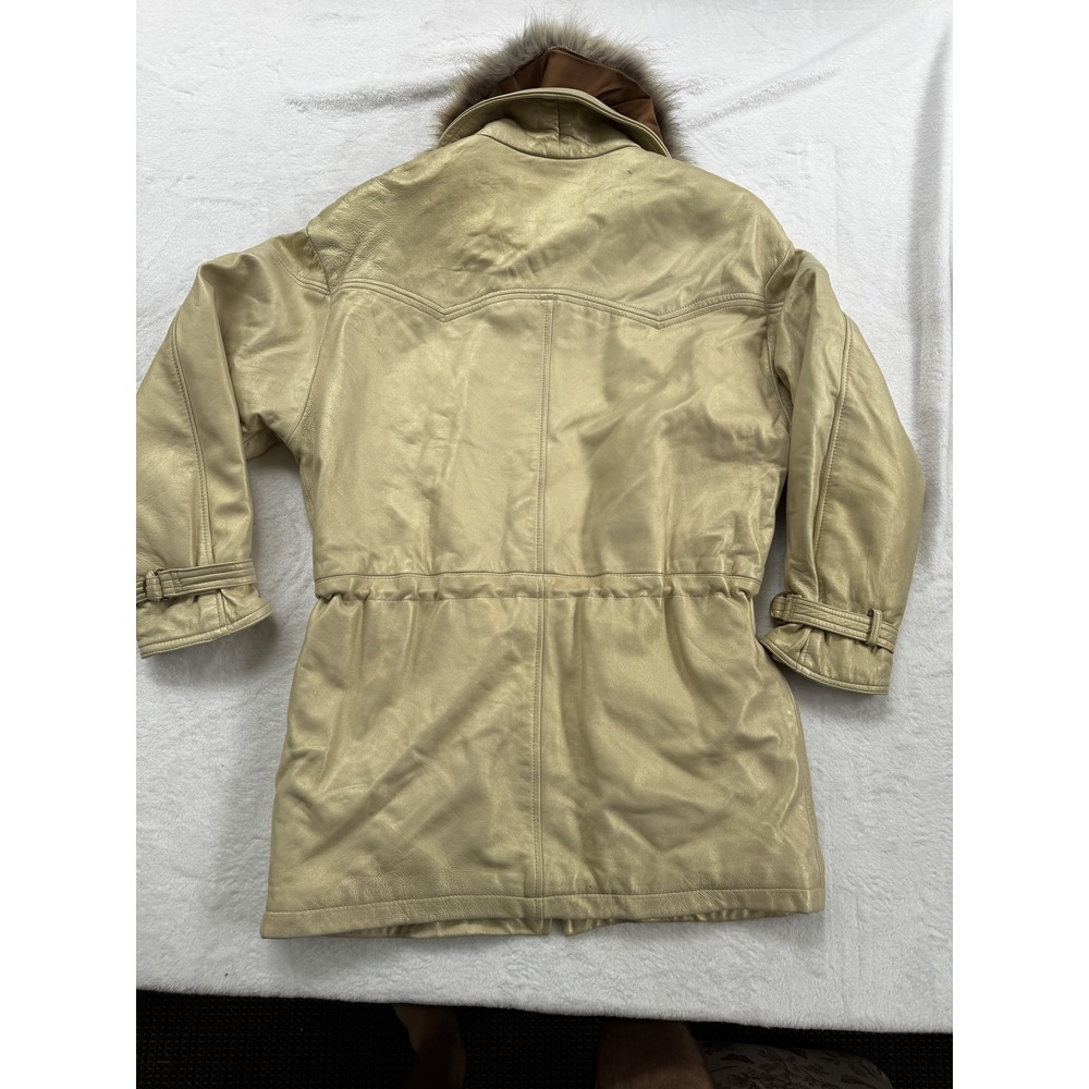 Vintage Cache Damselle Jacket Womens XS Beige Leather Fur Collar Belted USA 80s - Picture 7 of 12